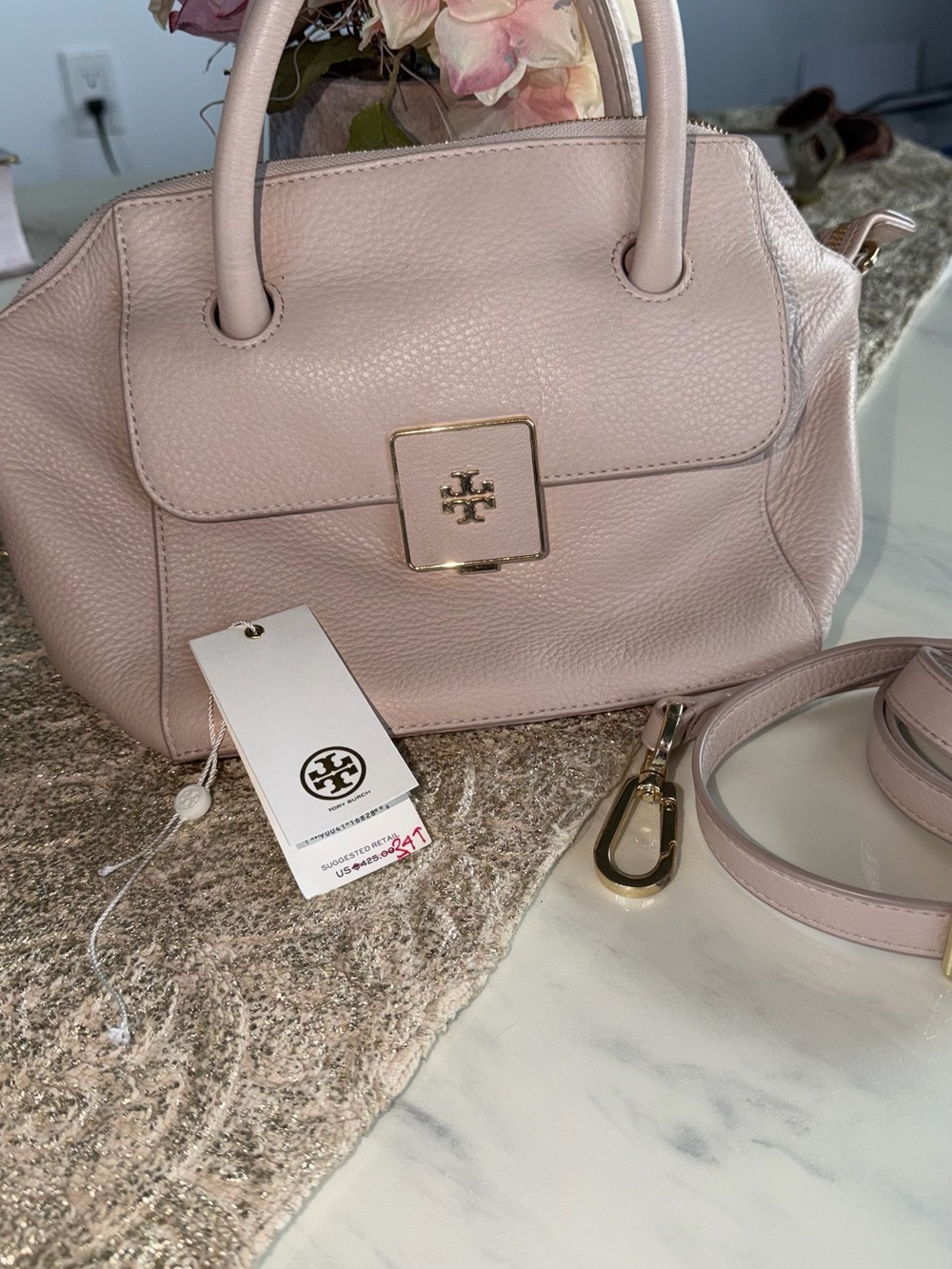 Tory Burch Blush Pebbled Leather Satchel with Gold Hardware